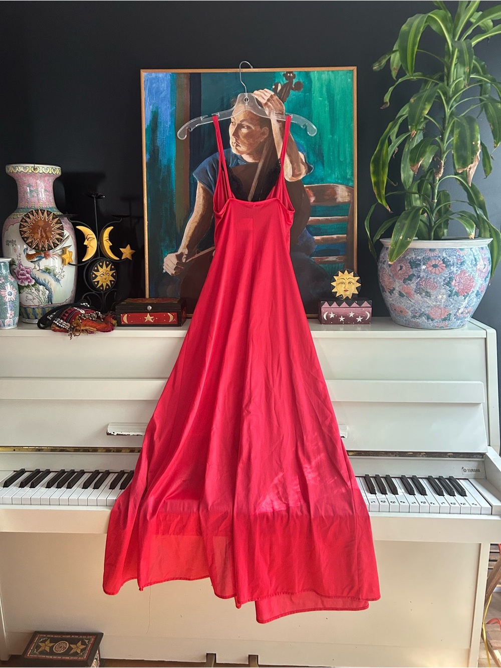 Lorrade CrΓ©ations Red Maxi Slip Dress Black Lace Size S Made in Canada